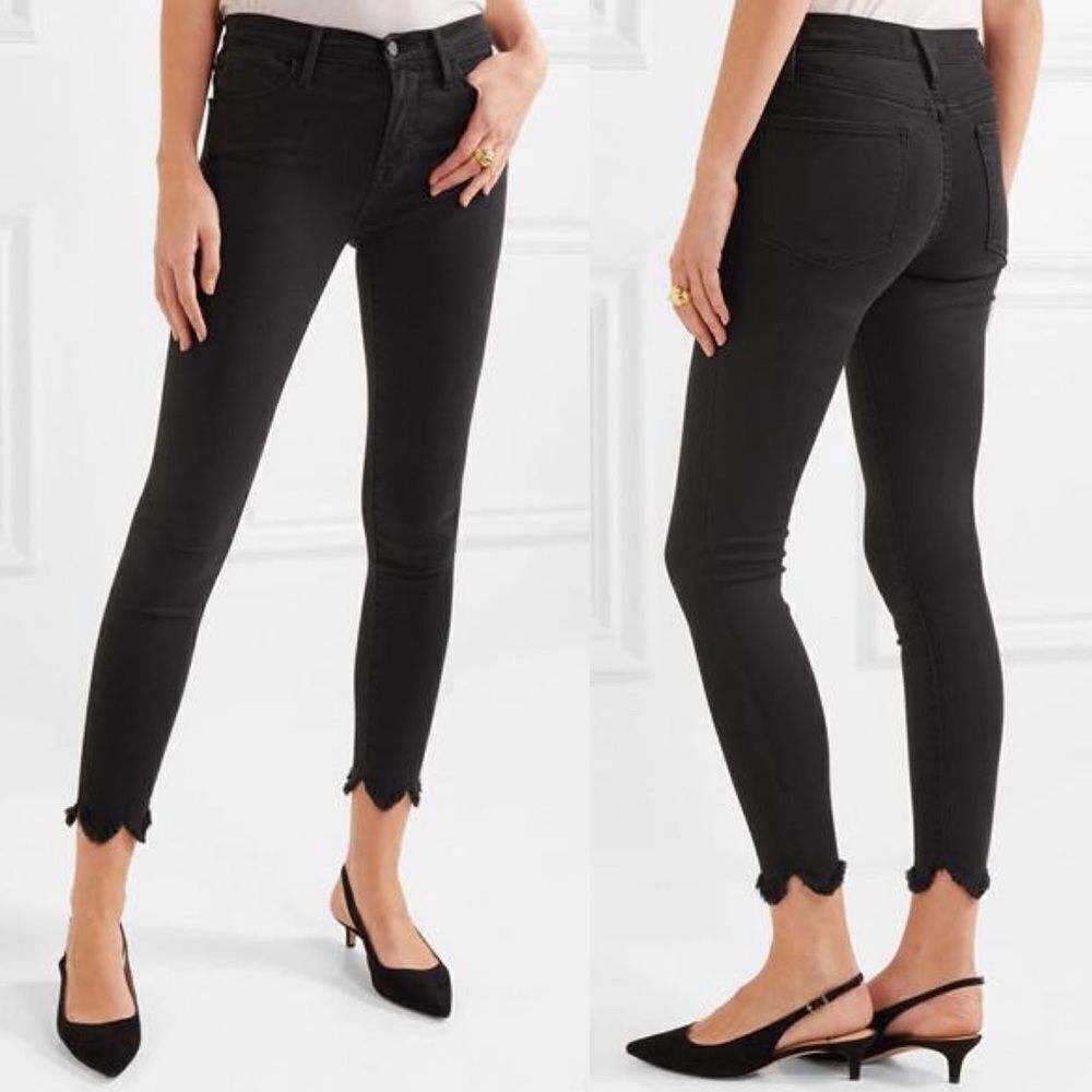 FRAME Le High Ankle Skinny Denim Jeans Asymmetrical Frayed Hem Black 27